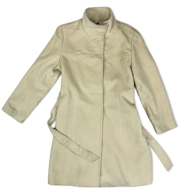 Vintage Womens Belted Wool Coat Cream Beige 12 14