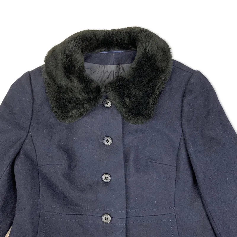 Vintage 70s Pret A Porter Navy Wool Long Coat Faux Fur Collar 12