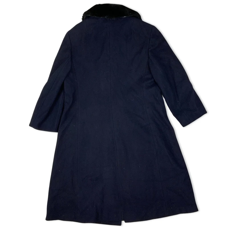 Vintage 70s Pret A Porter Navy Wool Long Coat Faux Fur Collar 12