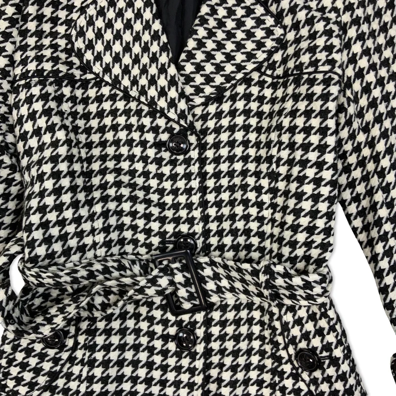Vintage 90s Black and White Houndstooth check Belted Coat 8-10