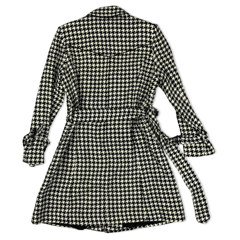 Vintage 90s Black and White Houndstooth check Belted Coat 8-10
