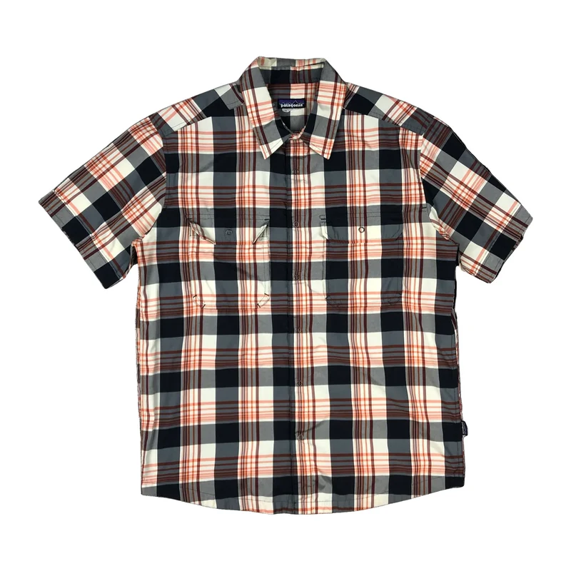 Patagonia Red Blue White Plaid Checked Short Sleeve Snap Closure Shirt Large