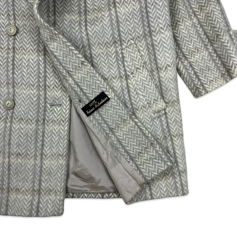 90s Vintage Womens Grey Herringbone Wool Coat 16