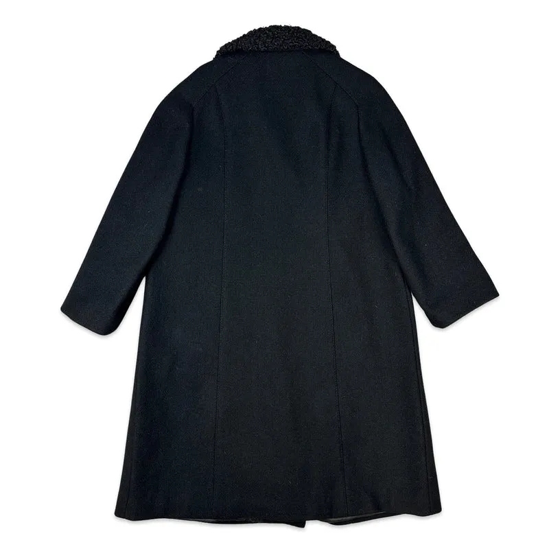 80s Vintage Womens Black Wool Coat Faux Fur Collar 16