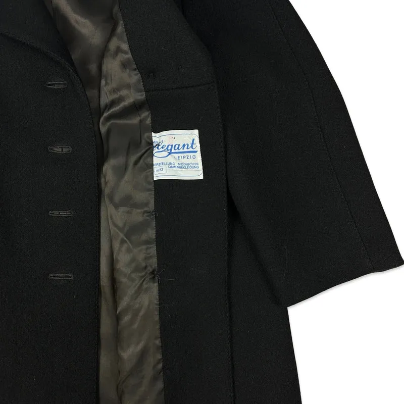 80s Vintage Womens Black Wool Coat Faux Fur Collar 16