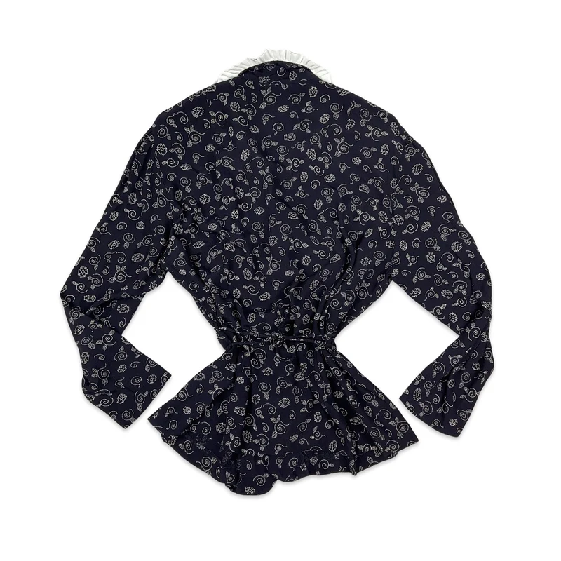 Vintage 80s 90s Navy Patterned Blouse 14