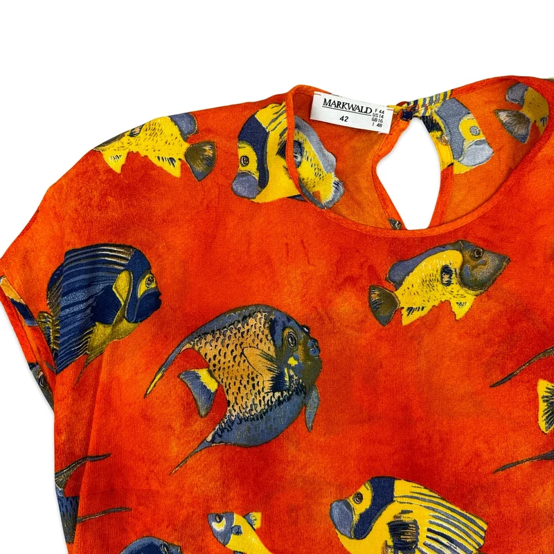 Vintage 80s Fish Print Blouse Orange 14