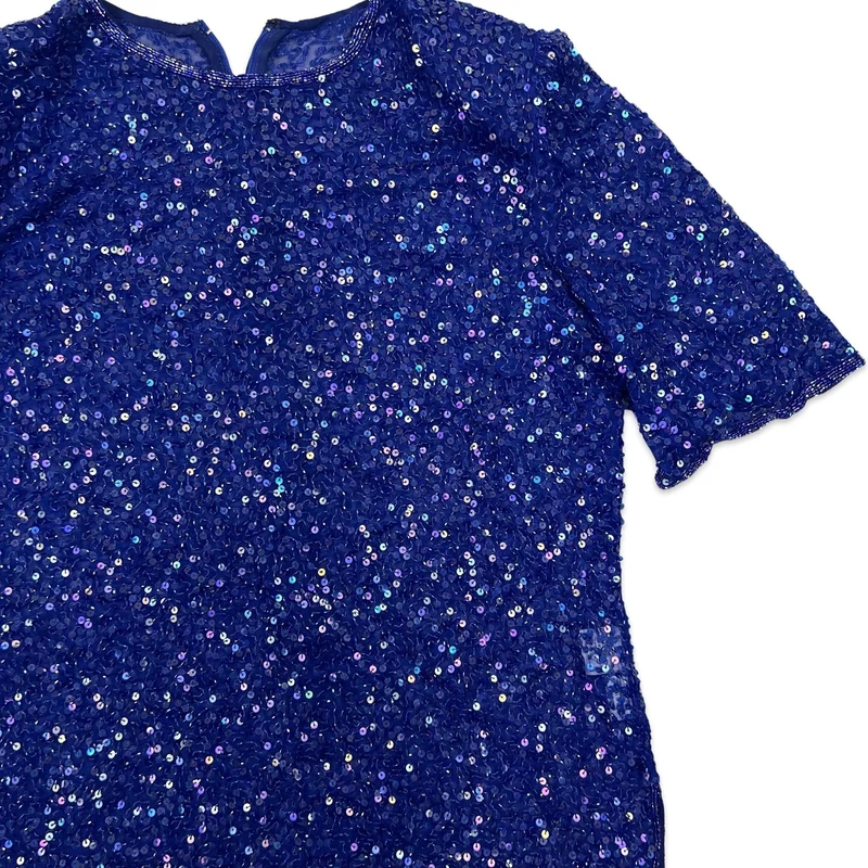 Vintage 80s Oversized Sheer Sequin Blouse Blue 12 14