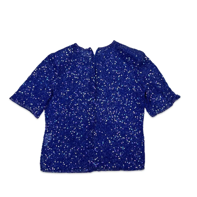 Vintage 80s Oversized Sheer Sequin Blouse Blue 12 14