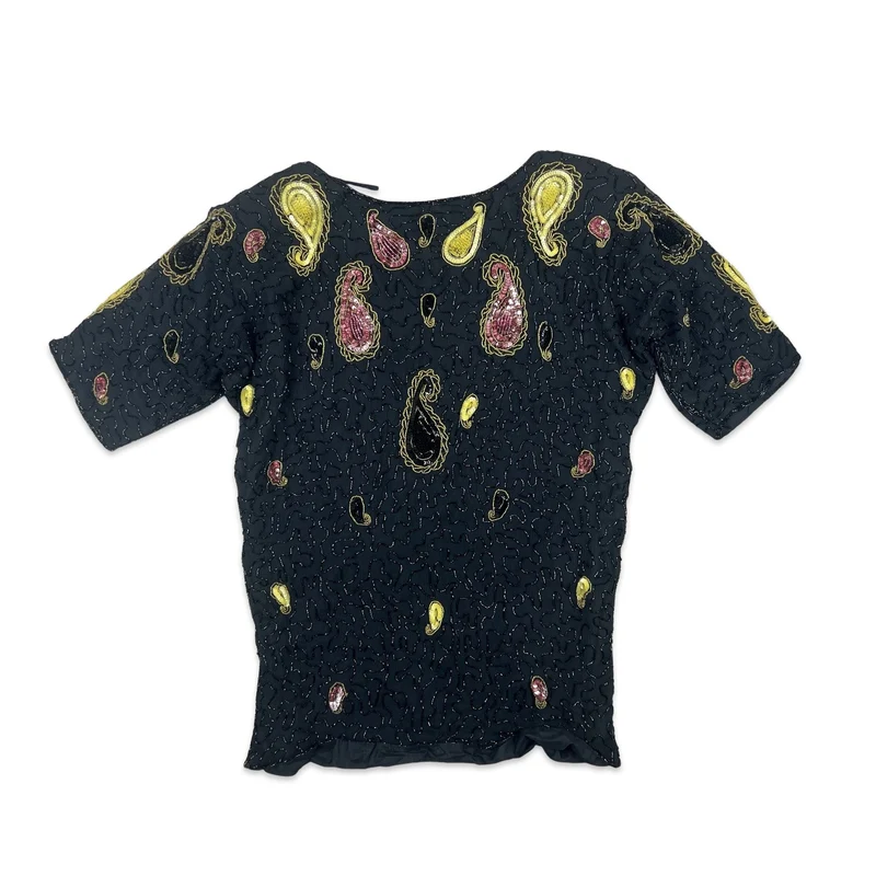 Vintage 80s Boxy Oversized Sequin Blouse Black Yellow Pink 10 12