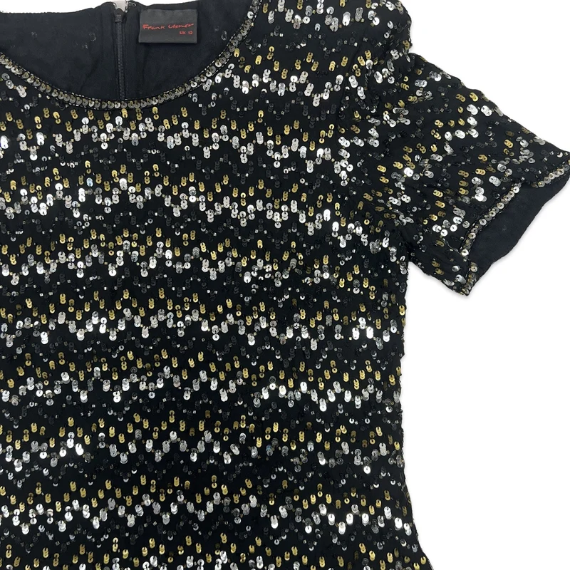 Vintage 80s Boxy Oversized Sequin Blouse Black Gold Silver 8 10