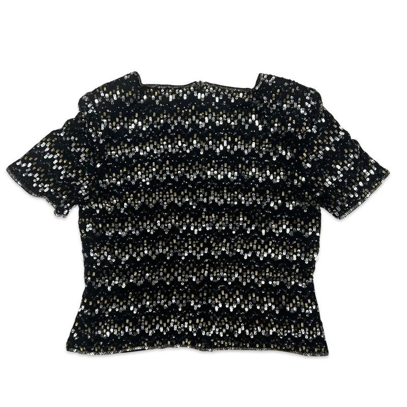 Vintage 80s Boxy Oversized Sequin Blouse Black Gold Silver 8 10