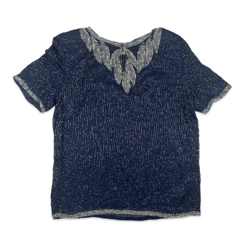 Vintage 80s Oversized Boxy Sequin Blouse Blue Silver 12 14