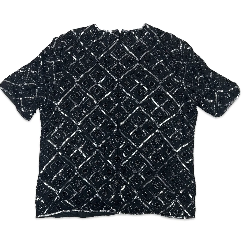 Vintage 80s Boxy Oversized Sequin Blouse Black Silver 16