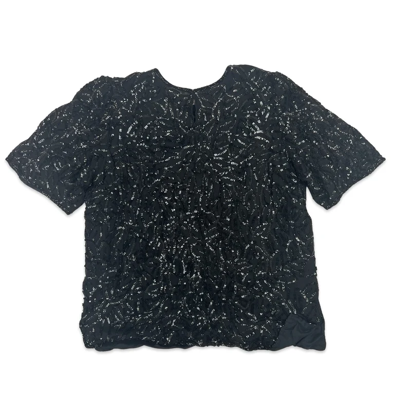Vintage 80s Boxy Oversized Sequin Blouse Black Blue 12 14