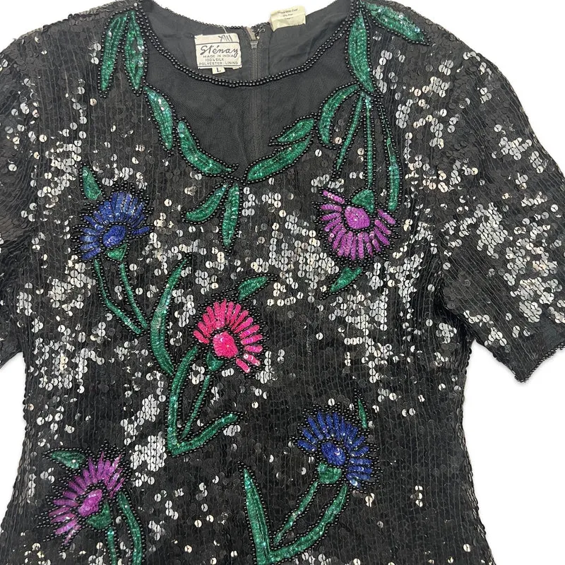 Vintage 80s Oversized Sequin Blouse Black Blue Green Purple 8 10
