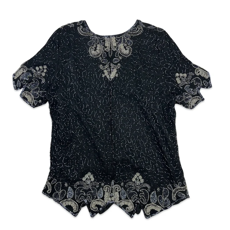 Vintage 80s Sequin Blouse Black Silver 14