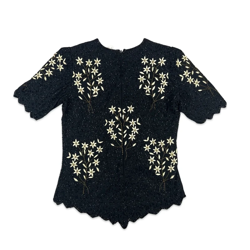 Vintage 80s Sequin Blouse Black Yellow 12 14