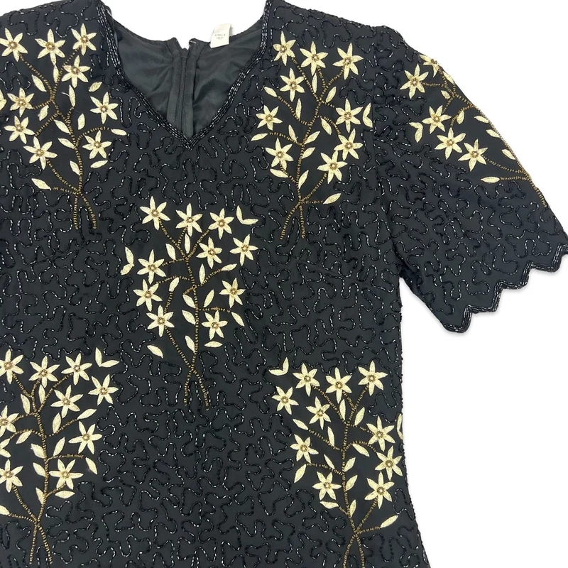 Vintage 80s Sequin Blouse Black Yellow 12 14
