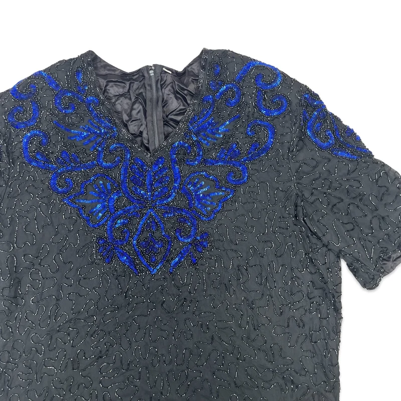 Vintage 80s Boxy Oversized Sequin Blouse Black Blue 14 16