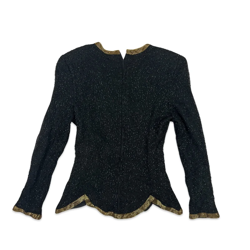 Vintage 80s Night Vogue Sequin Blouse Black Gold 4 6