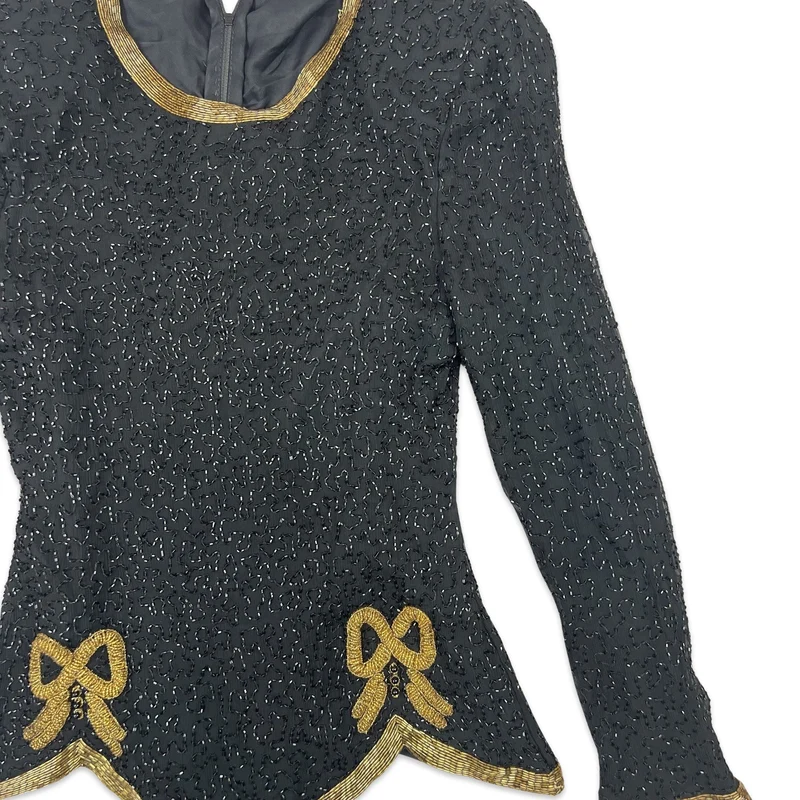 Vintage 80s Night Vogue Sequin Blouse Black Gold 4 6
