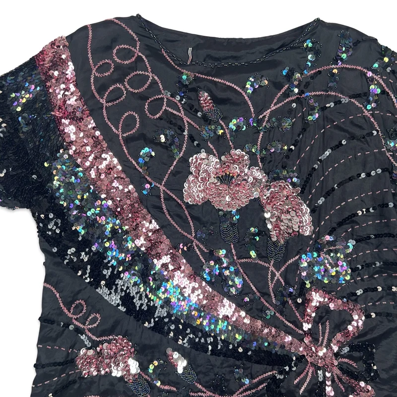 Vintage 80s Boxy Oversized Sequin Blouse Black Pink 12 14