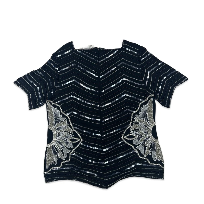 Vintage 80s Boxy Sequin Blouse Black Silver 12 14 16