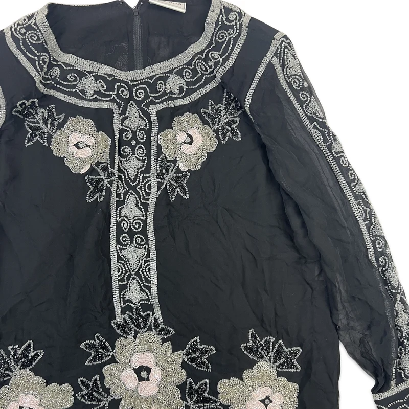 Vintage 80s Semi Sheer Sequin Blouse Black Silver Pink 12 14