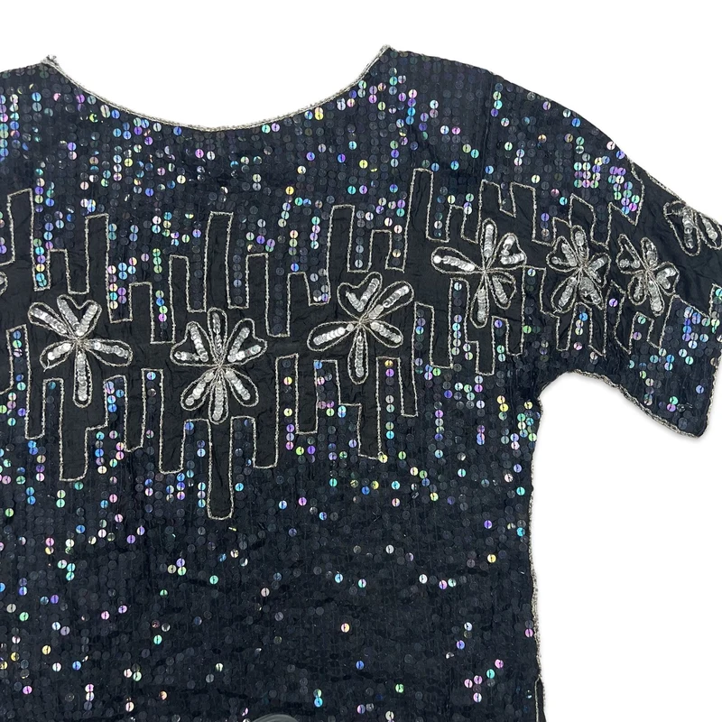 Vintage 80s Boxy Oversized Sequin Blouse Black Silver 8 10 12