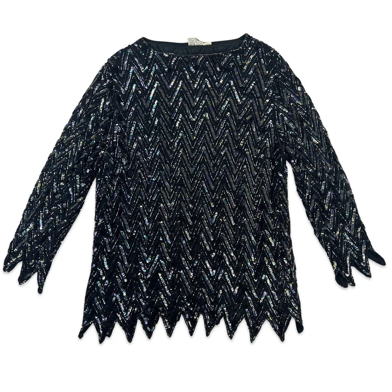 Vintage Chevron Sequin Semi Sheer Blouse Black Purple 12 14
