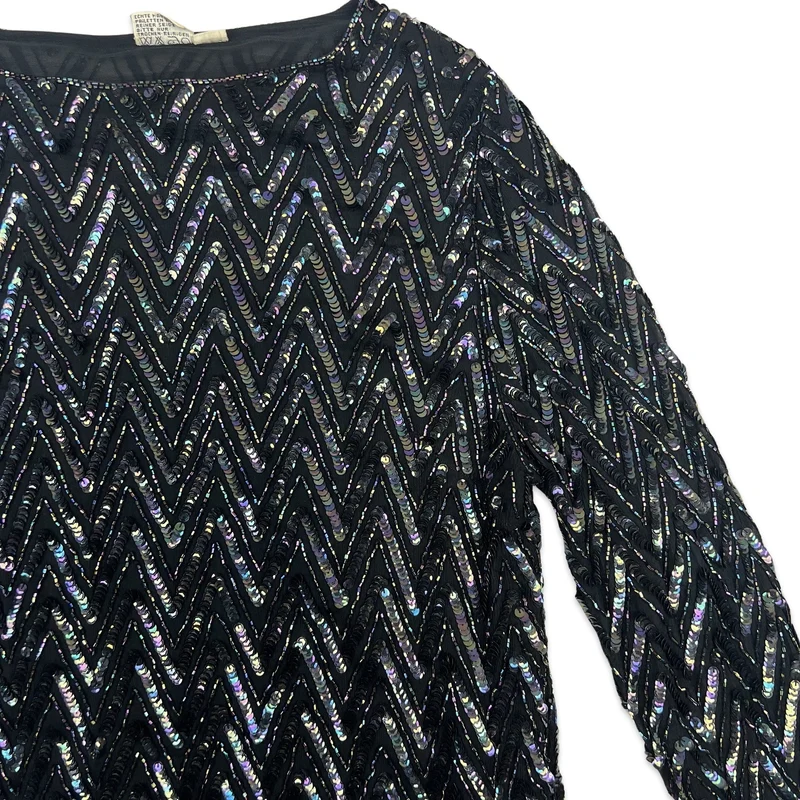 Vintage Chevron Sequin Semi Sheer Blouse Black Purple 12 14
