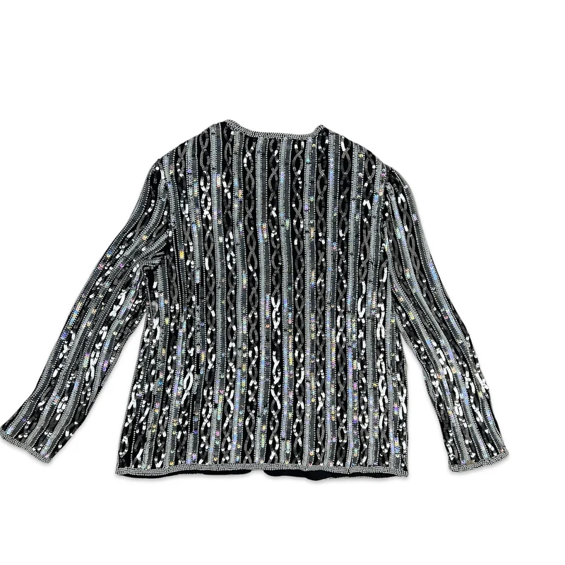 Vintage 80s Sequin Jacket Black Silver 12 14