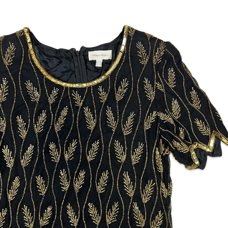 Vintage 80s Sequin Blouse Black Gold 8 10