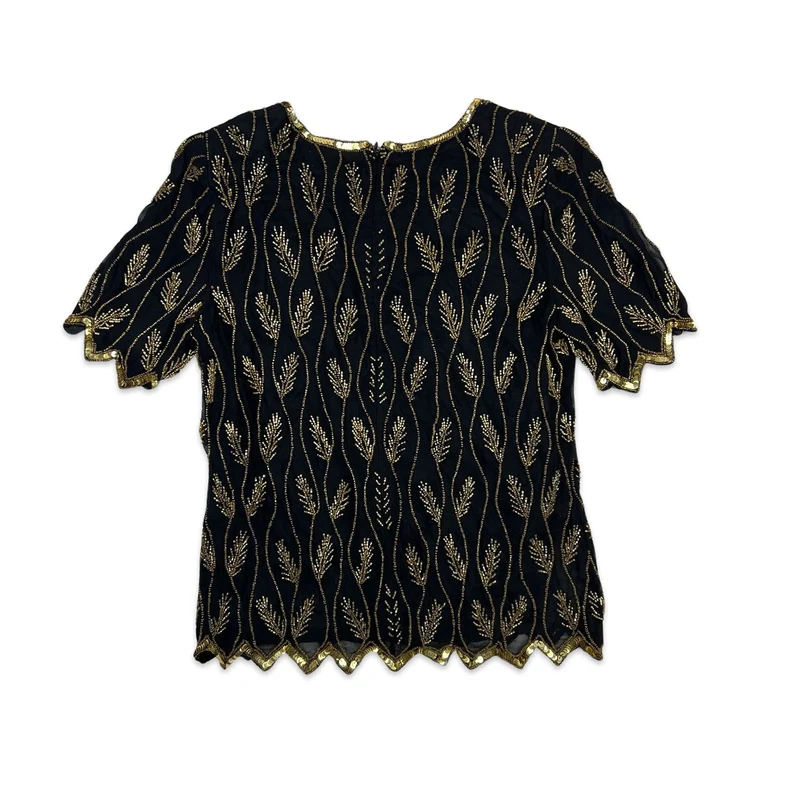 Vintage 80s Sequin Blouse Black Gold 8 10