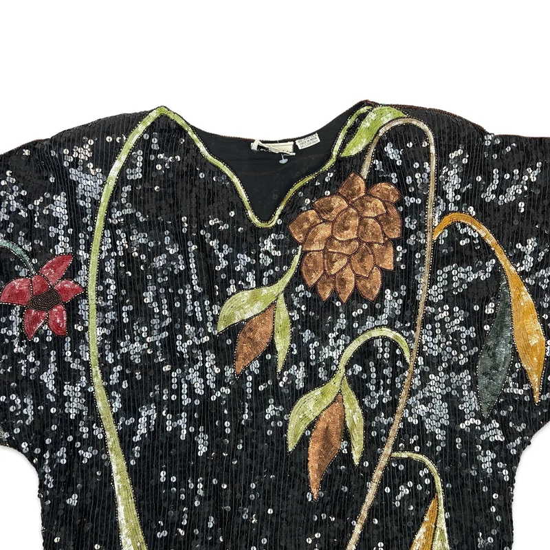 Vintage 80s Boxy Oversized Sequin Blouse Black Green Red Gold 12 14