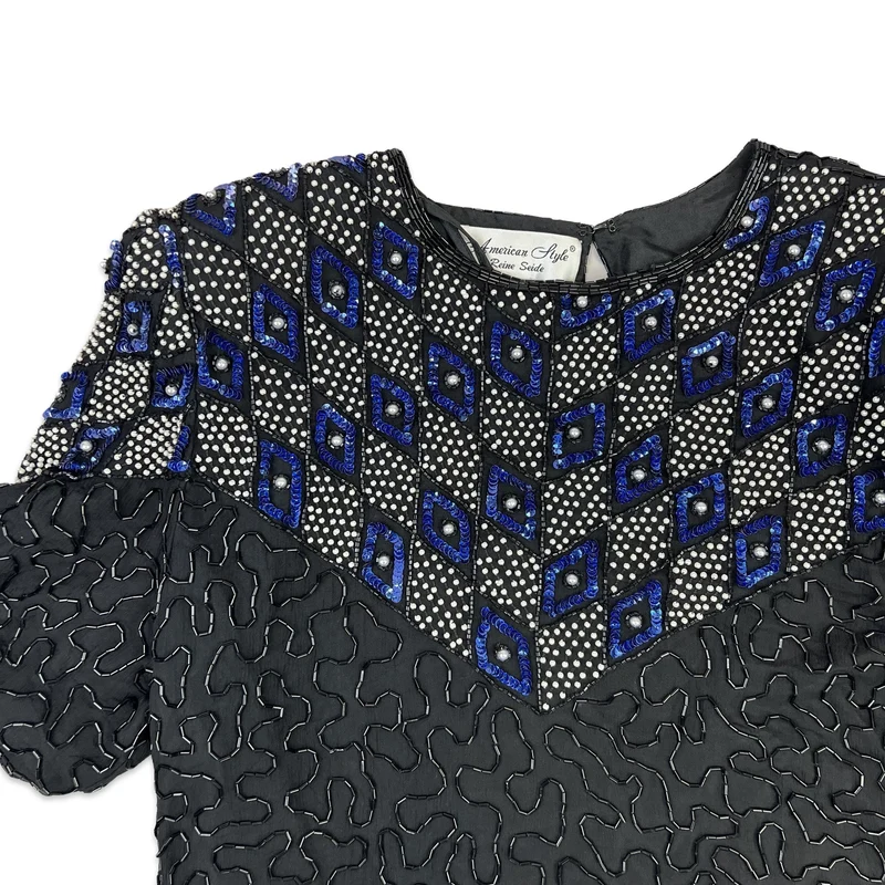 Vintage 80s Boxy Oversized Sequin Blouse Black White Blue 10 12