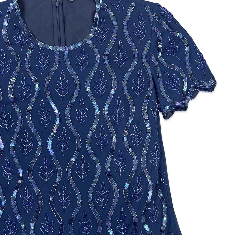 Vintage 80s Sequin Blouse Blue 14