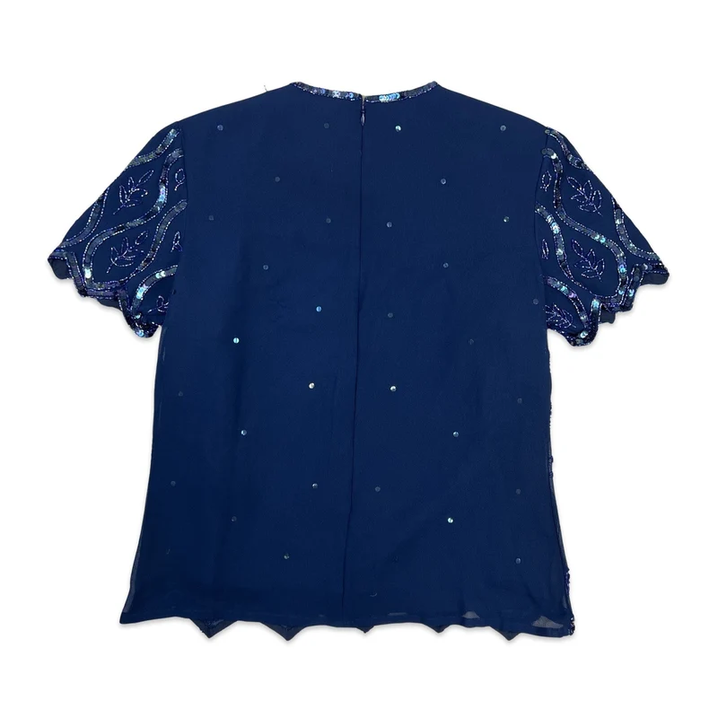Vintage 80s Sequin Blouse Blue 14