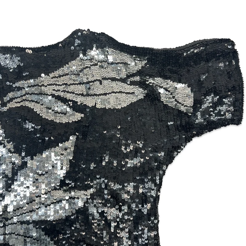 Vintage 80s Boxy Oversized Sequin Blouse Black Silver 14 16
