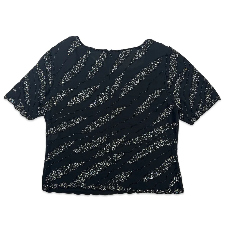Vintage 80s Boxy Oversized Sequin Blouse Black Silver 10 12