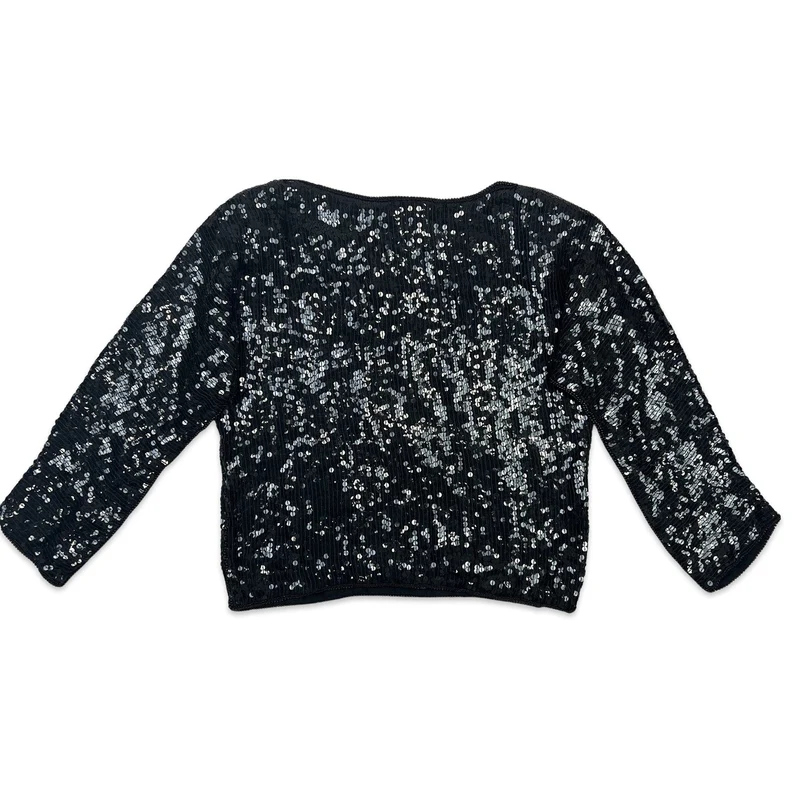Vintage 80s Boxy Oversized Sequin Blouse Black Purple Blue 8 10 12
