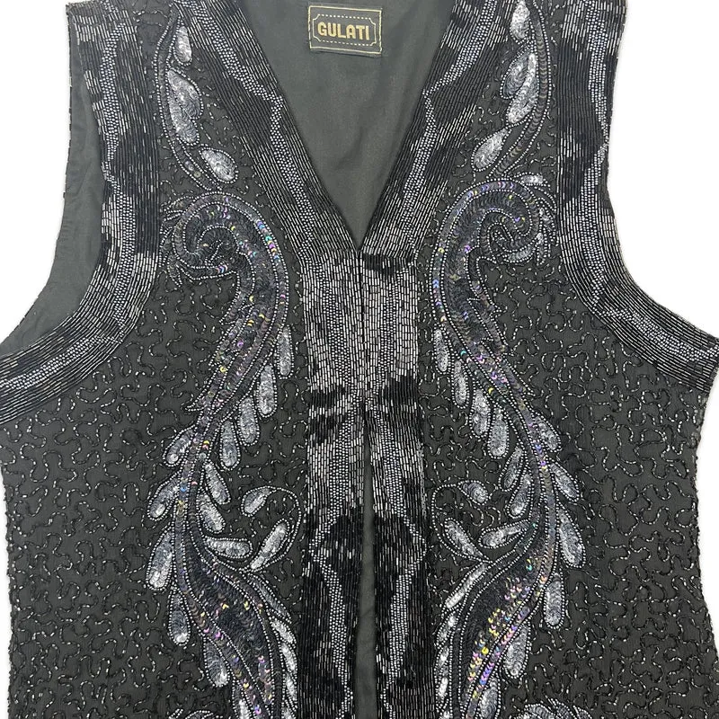 Vintage Sequin Vest Black Silver 10 12