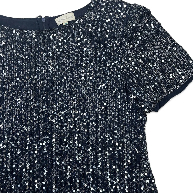 Vintage 80s Oversized Boxy Sequin Blouse Blue Silver 12 14