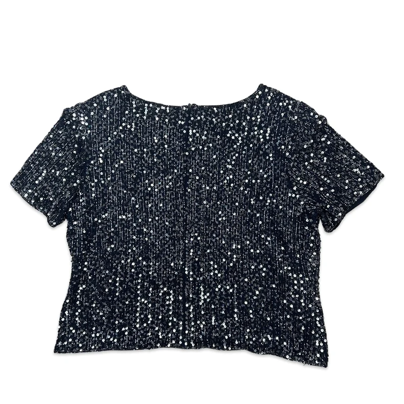 Vintage 80s Oversized Boxy Sequin Blouse Blue Silver 12 14