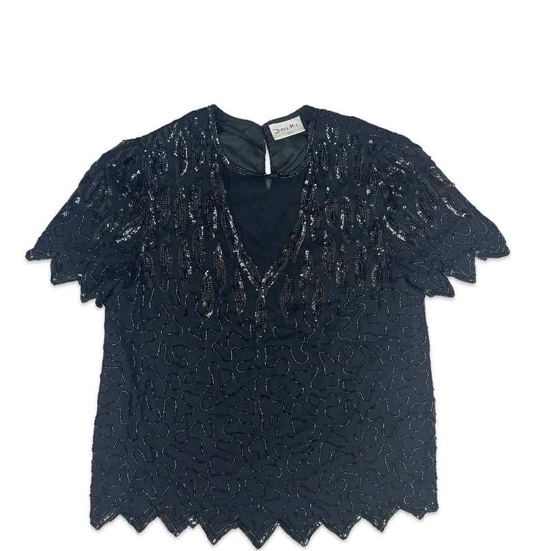 Vintage 80s Oversized Boxy Sequin Blouse Black 12