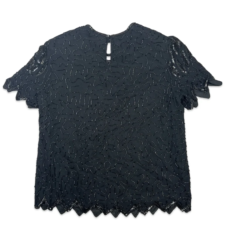 Vintage 80s Oversized Boxy Sequin Blouse Black 12