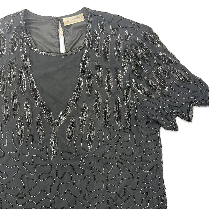 Vintage 80s Oversized Boxy Sequin Blouse Black 12