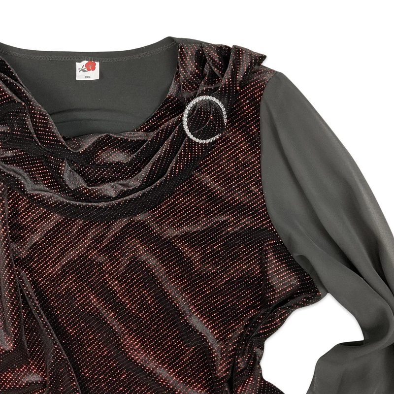Vintage 90s Metallic Lurex Cowl Neck Blouse Red Black 18