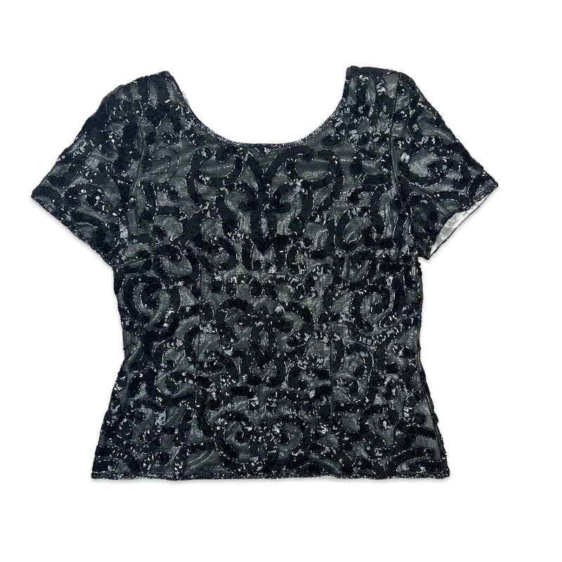 Vintage 80s Sequin Blouse Black Silver 10 12 14